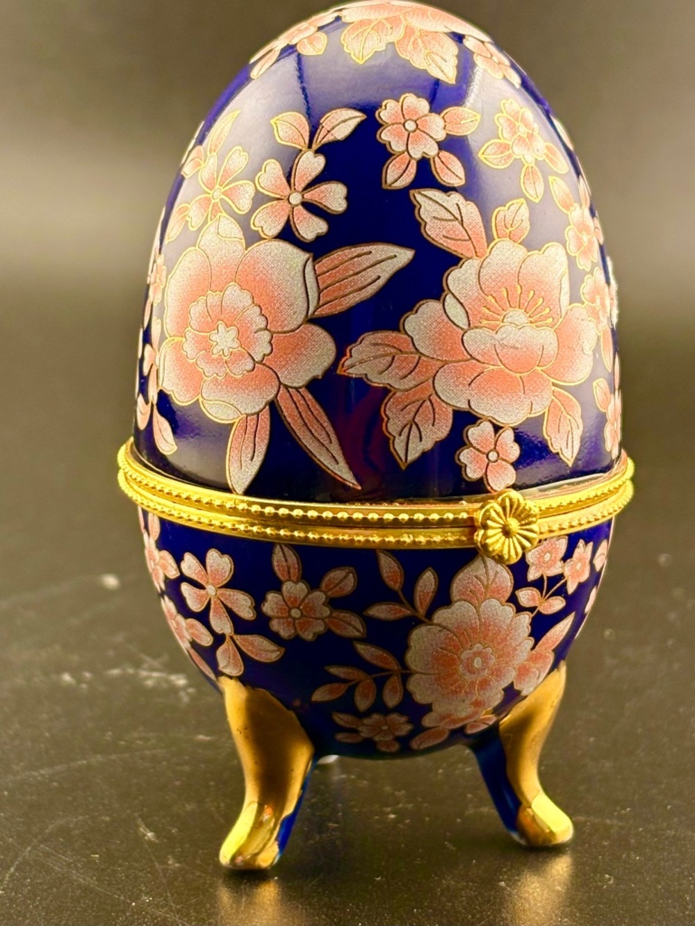 Cobalt Blue & Pink Footed Floral Porcelain Hinged Jewelry Trinket Box Egg - 4x4x